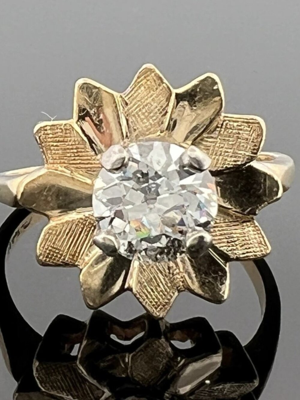 14K Yellow Gold 1.15ct Old European Cut Diamond Flower Ring H I2 Estate Sz 7.5